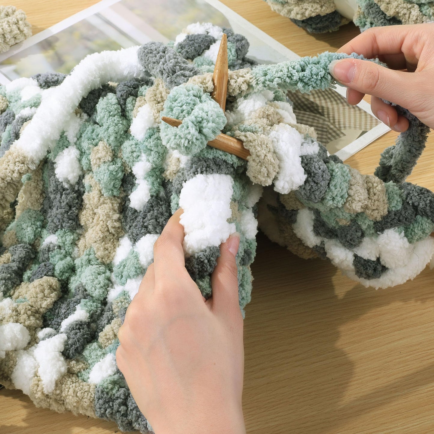 HOMBYS Grey,Green,White,Khaki Variegated Chunky Chenille Yarn, 8 Skeins, 26 yd / 7.5 oz Each