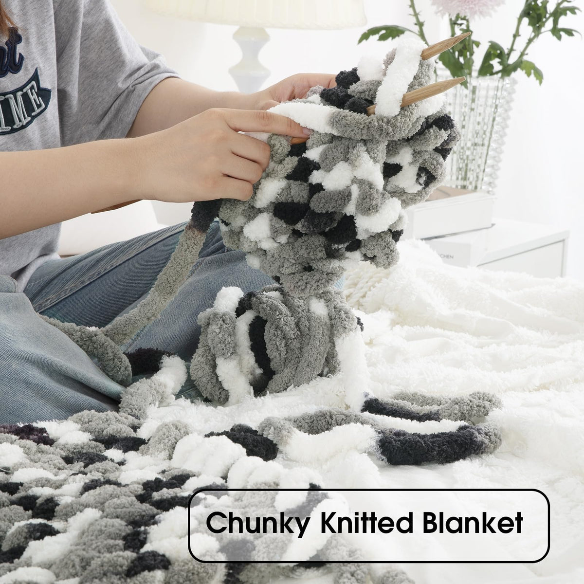 HOMBYS Black,White,Grey Variegated Chunky Chenille Yarn, 8 Skeins, 26 yd / 7.5 oz Each