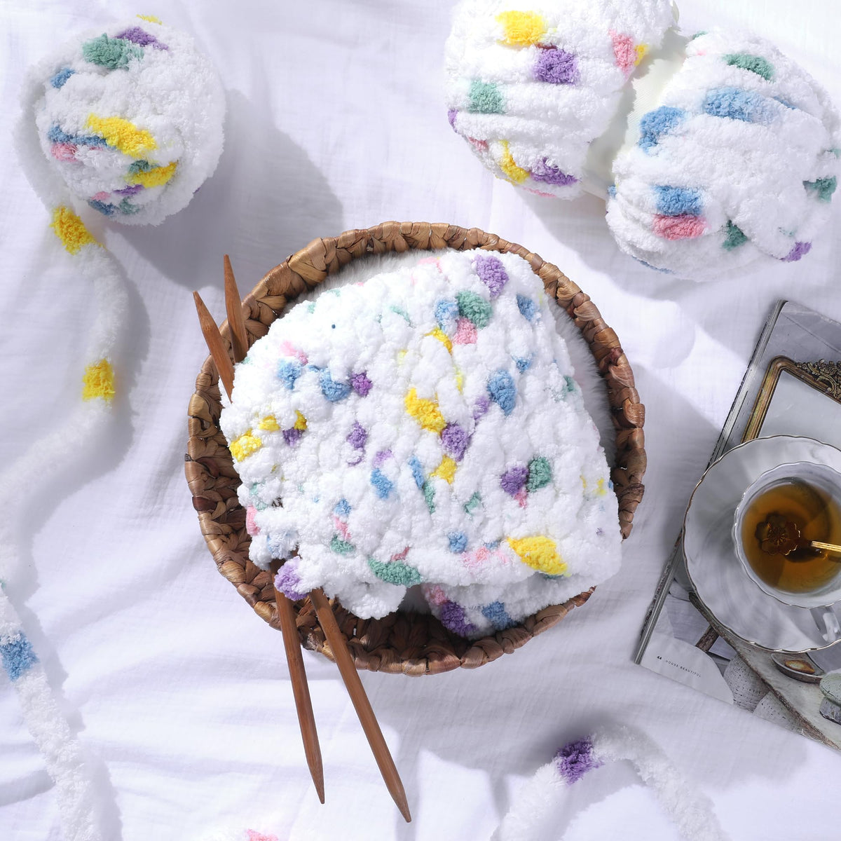 HOMBYS Rainbow,White Variegated Chunky Chenille Yarn, 8 Skeins, 26 yd / 7.5 oz Each