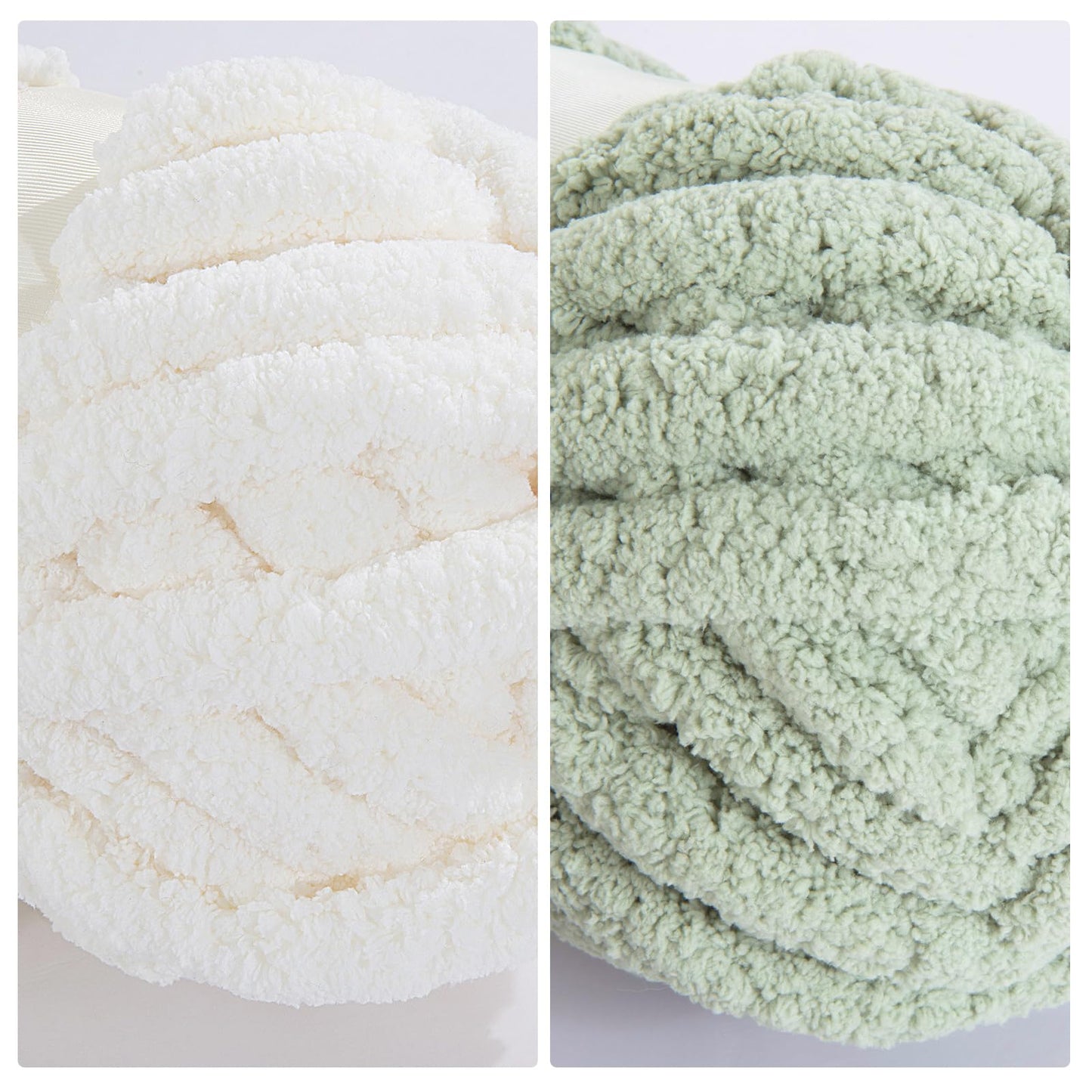 HOMBYS 4 White+4 Sage Green Chunky Chenille Yarn, 8 Skeins, 27 yd / 8 oz Each