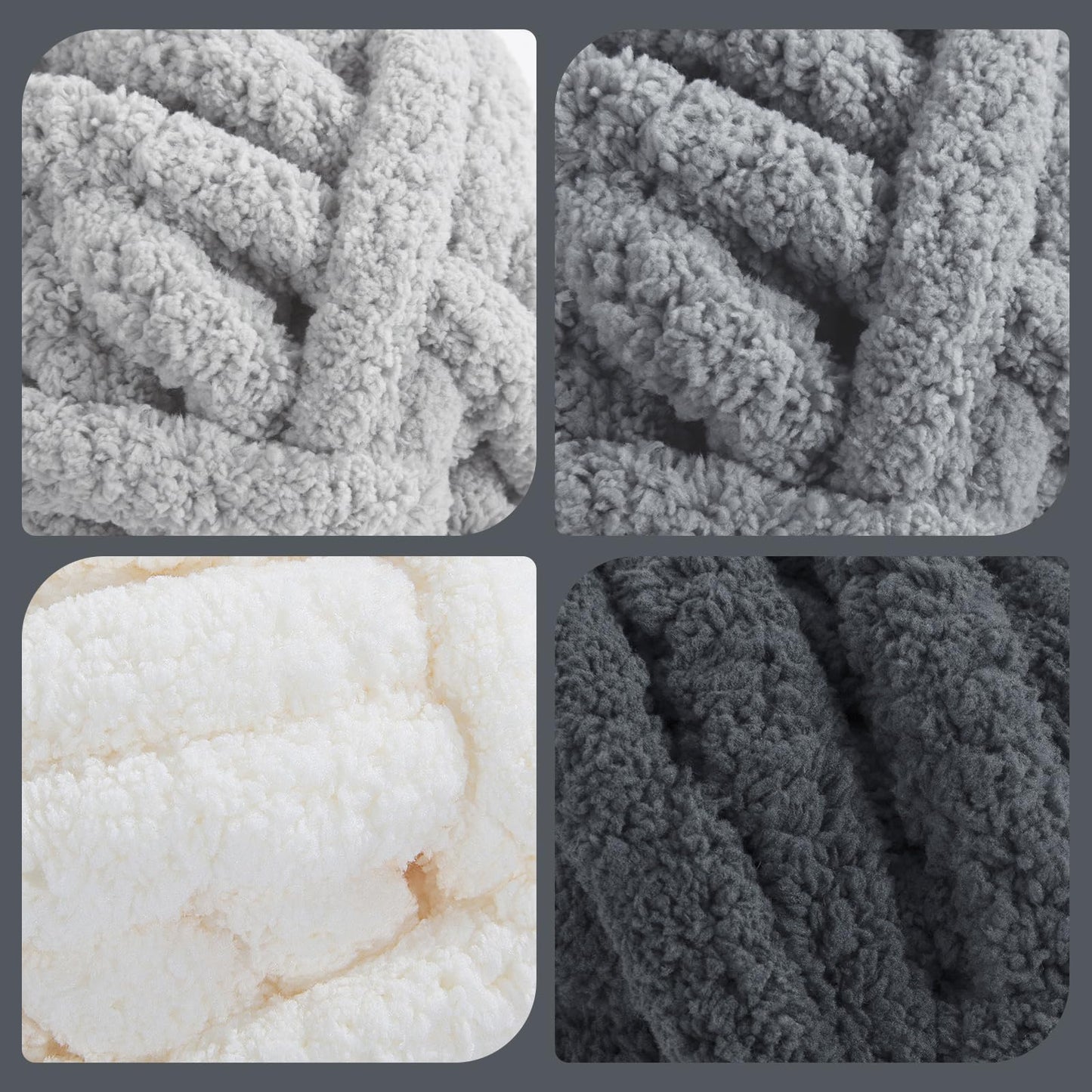 HOMBYS 2Cream+2 Light Grey+2 Medium Grey+2 Dark Grey Chunky Chenille Yarn, 8 Skeins, 27 yd / 8 oz Each