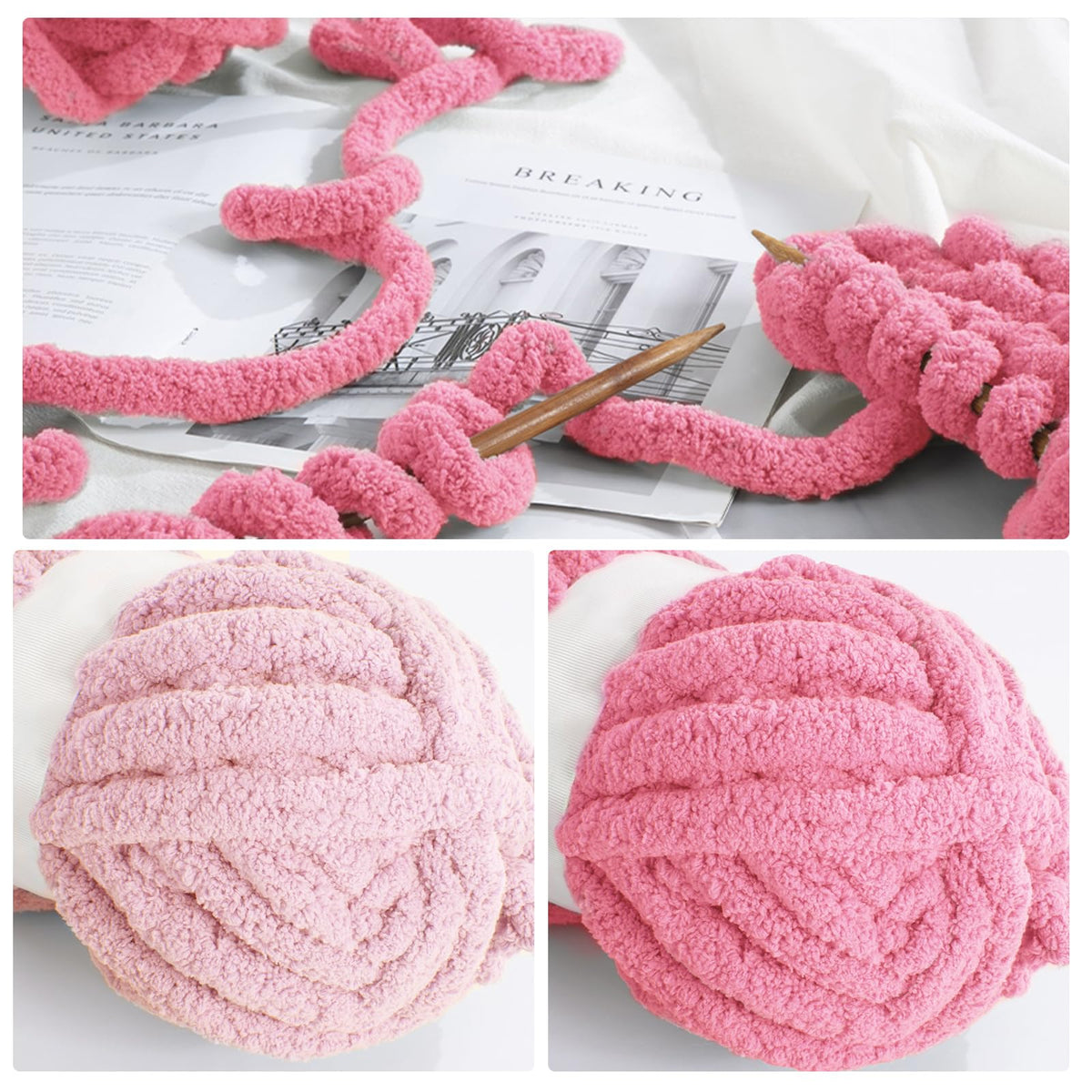 HOMBYS 4 Pink+4 Rose Red Chunky Chenille Yarn, 8 Skeins, 27 yd / 8 oz Each