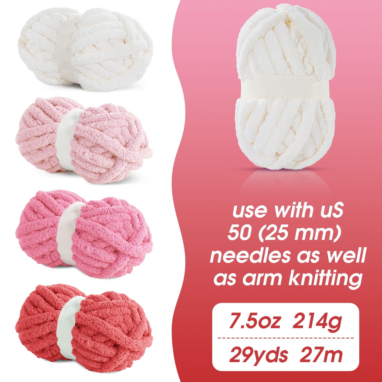 HOMBYS Red Gradient + White Chunky Chenille Yarn, 8 Skeins, 27 yd / 8 oz Each