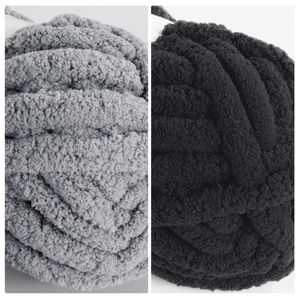 HOMBYS 4 Black +4 Medium Grey Chunky Chenille Yarn, 8 Skeins, 27 yd / 8 oz Each