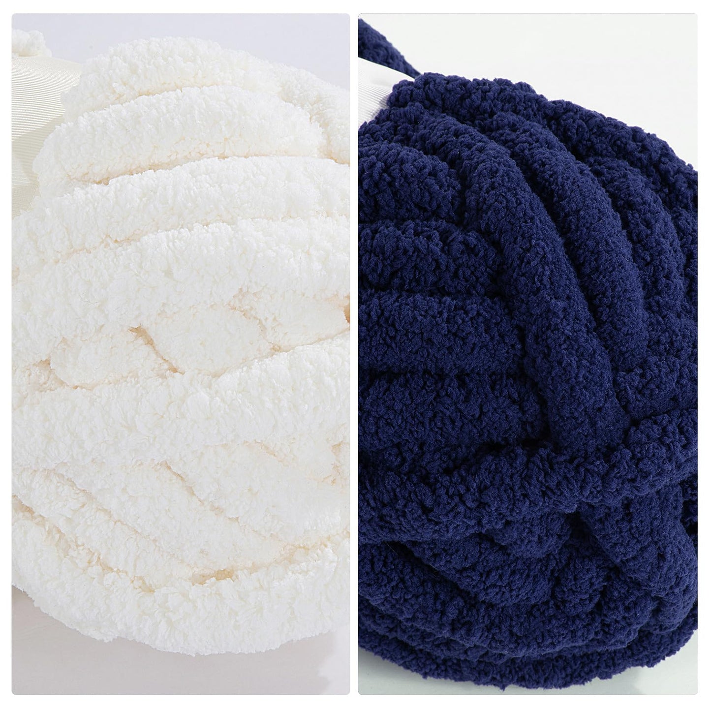 HOMBYS 4 Cream+ 4 Navy Blue Chunky Chenille Yarn, 8 Skeins, 27 yd / 8 oz Each