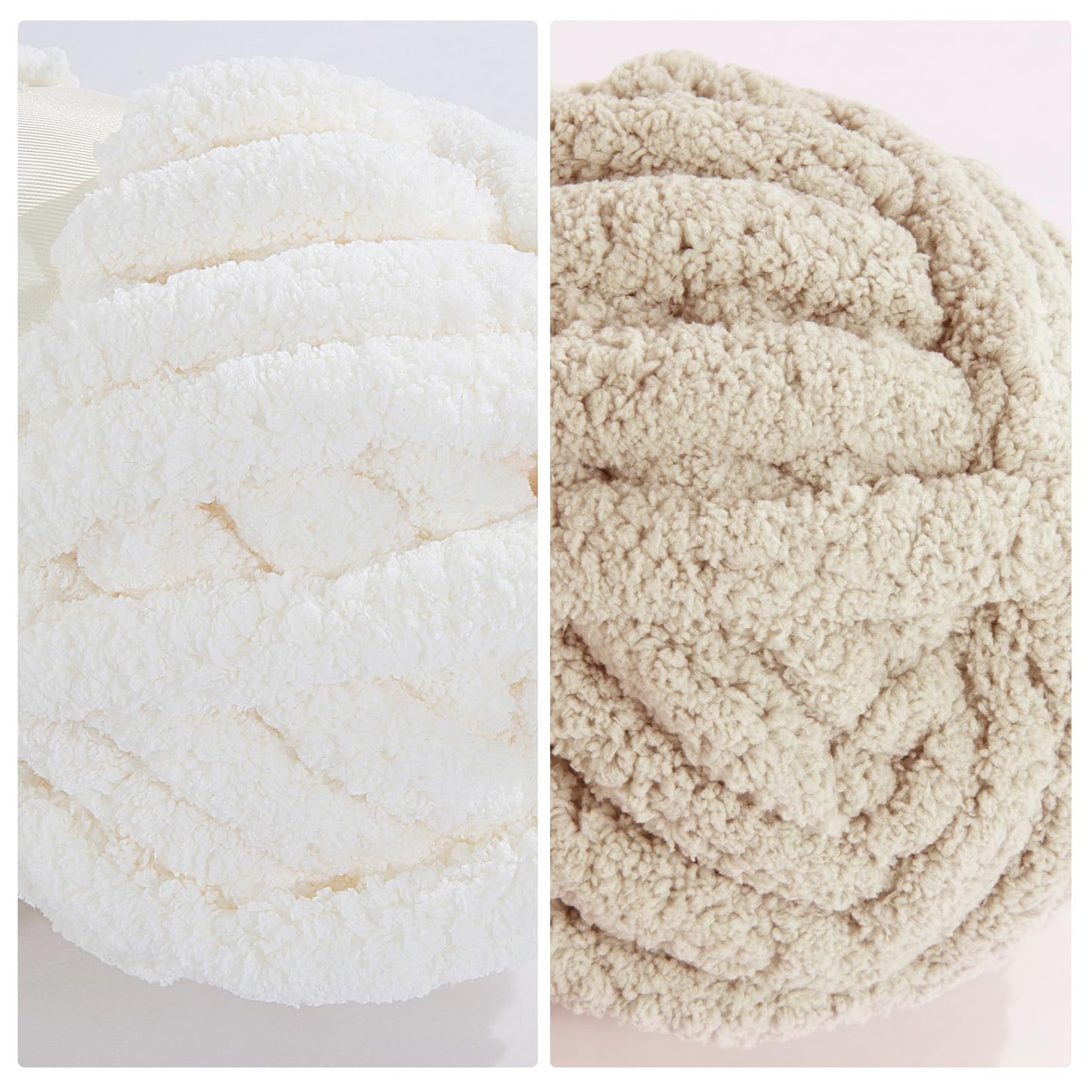 HOMBYS 4 White+4 Khaki Chunky Chenille Yarn, 8 Skeins, 27 yd / 8 oz Each