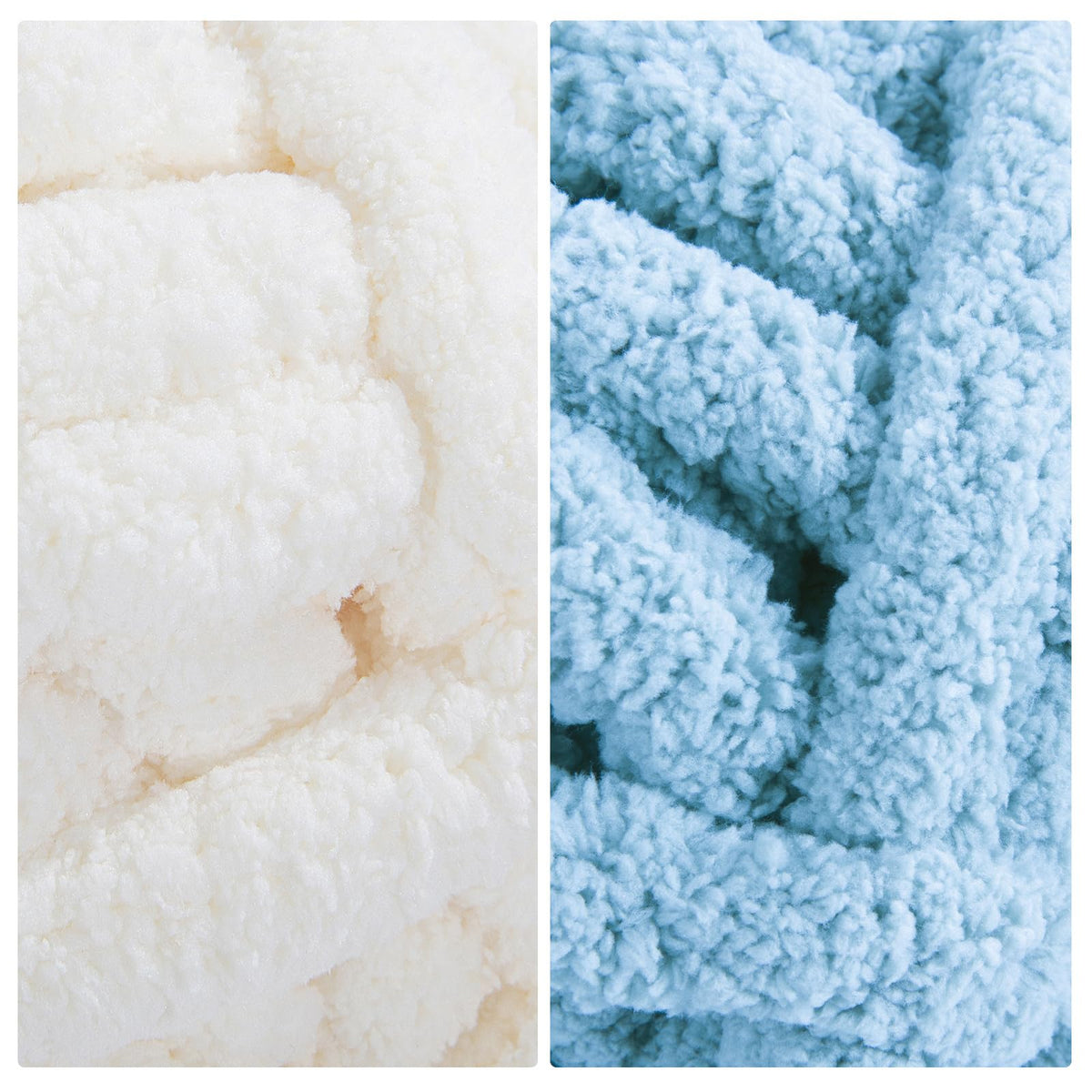 HOMBYS 4 Cream+ 4 Sky Blue Chunky Chenille Yarn, 8 Skeins, 27 yd / 8 oz Each