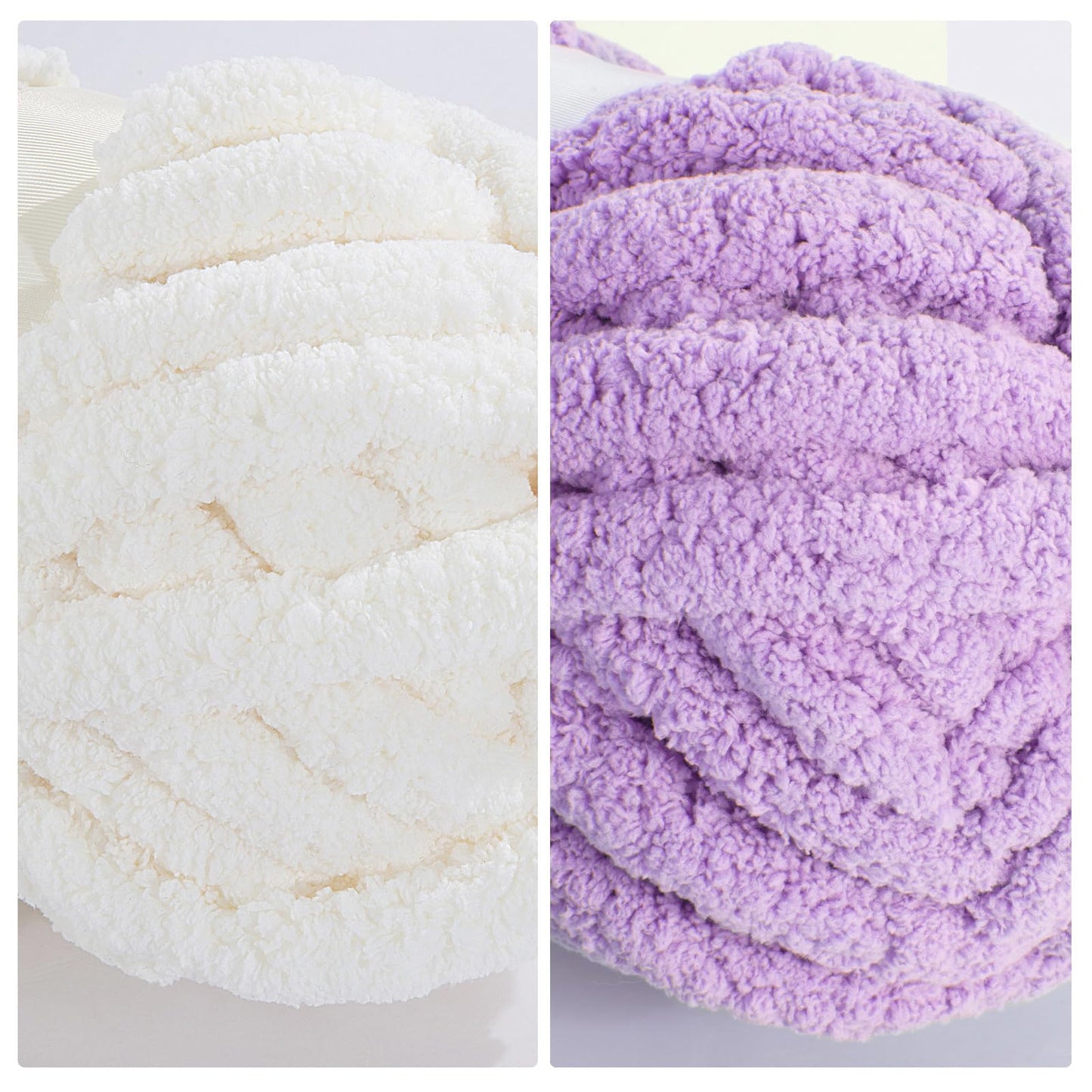HOMBYS 4 Cream+4 Purple Chunky Chenille Yarn, 8 Skeins, 27 yd / 8 oz Each