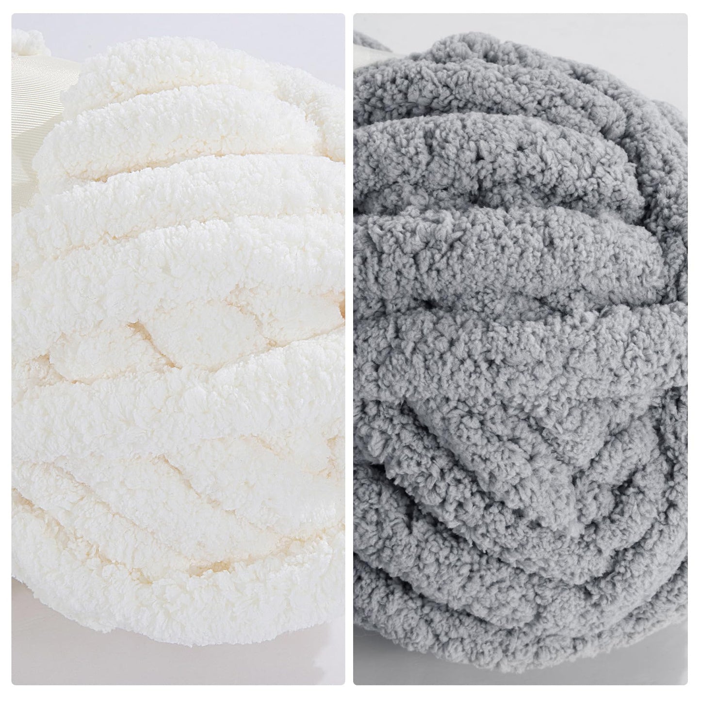 HOMBYS 4 White+4 Light Grey Chunky Chenille Yarn, 8 Skeins, 27 yd / 8 oz Each