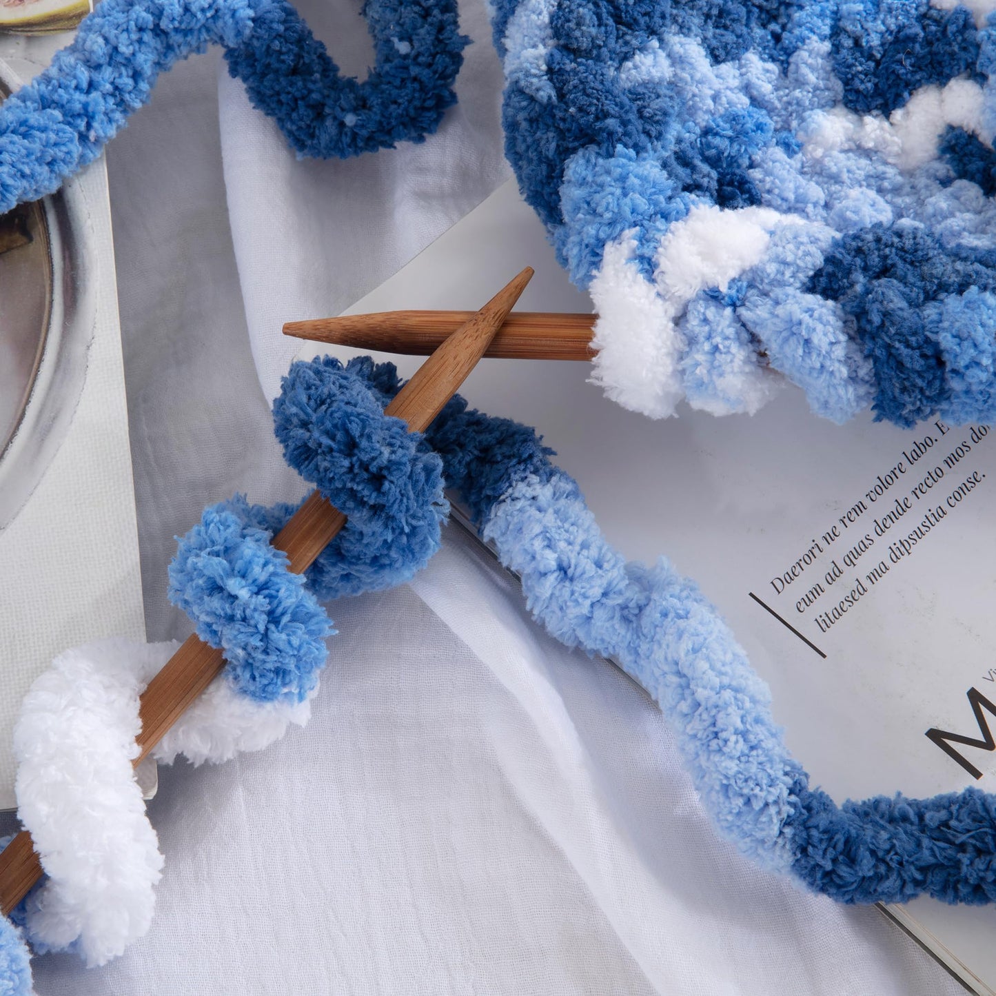 HOMBYS Blue,Light Blue,White Variegated Chunky Chenille Yarn, 8 Skeins, 26 yd / 7.5 oz Each
