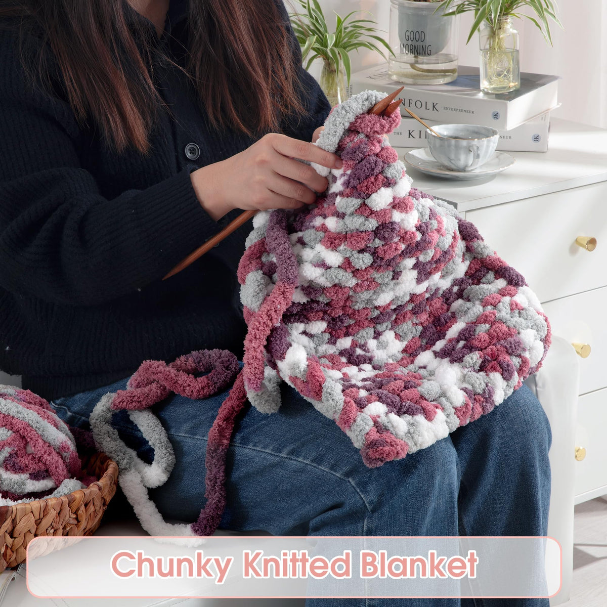 HOMBYS Red,Purple Variegated Chunky Chenille Yarn, 8 Skeins, 26 yd / 7.5 oz Each
