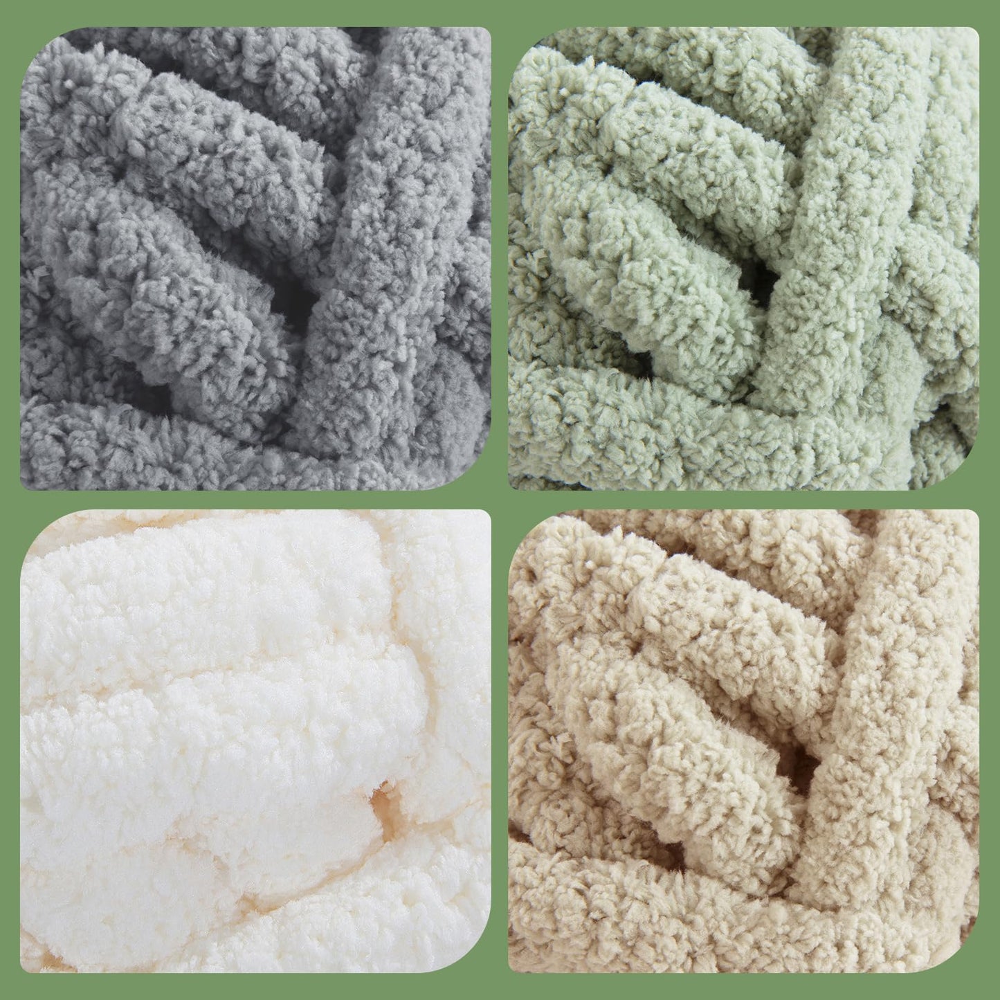 HOMBYS 2 Cream+ 2 Khaki+2 Sage+2 Grey Chunky Chenille Yarn, 8 Skeins, 27 yd / 8 oz Each
