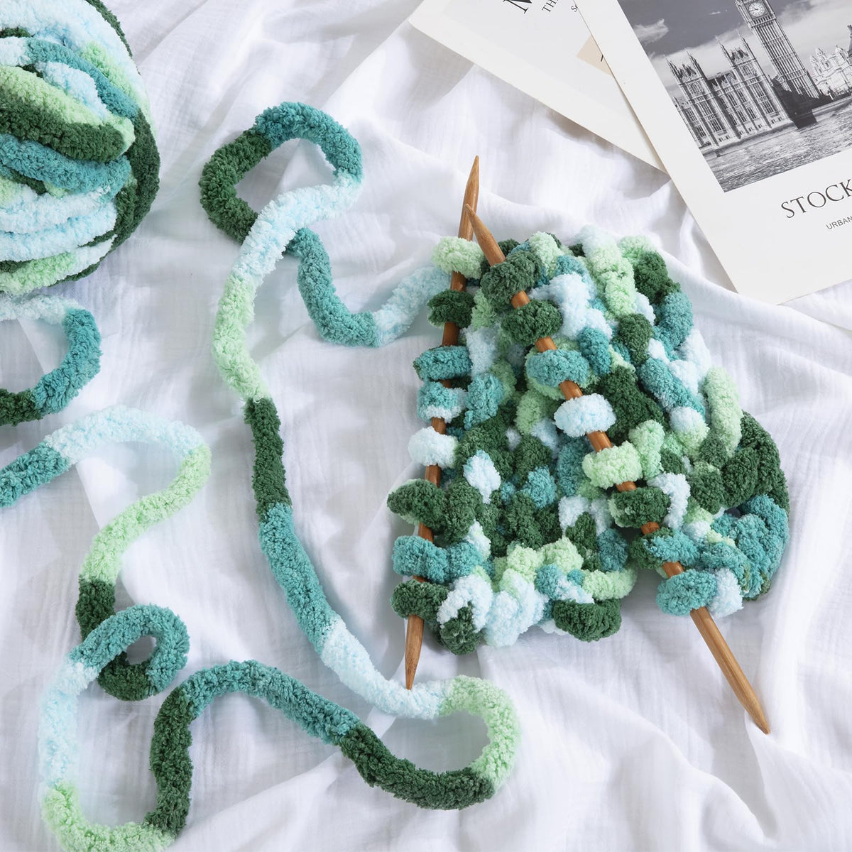 HOMBYS Mint,Teal,Green Variegated Chunky Chenille Yarn, 8 Skeins, 26 yd / 7.5 oz Each