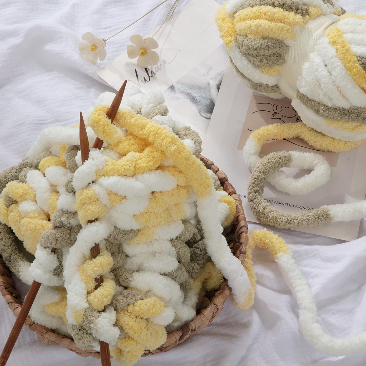 HOMBYS Yellow,grey,white Variegated Chunky Chenille Yarn, 8 Skeins, 26 yd / 7.5 oz Each