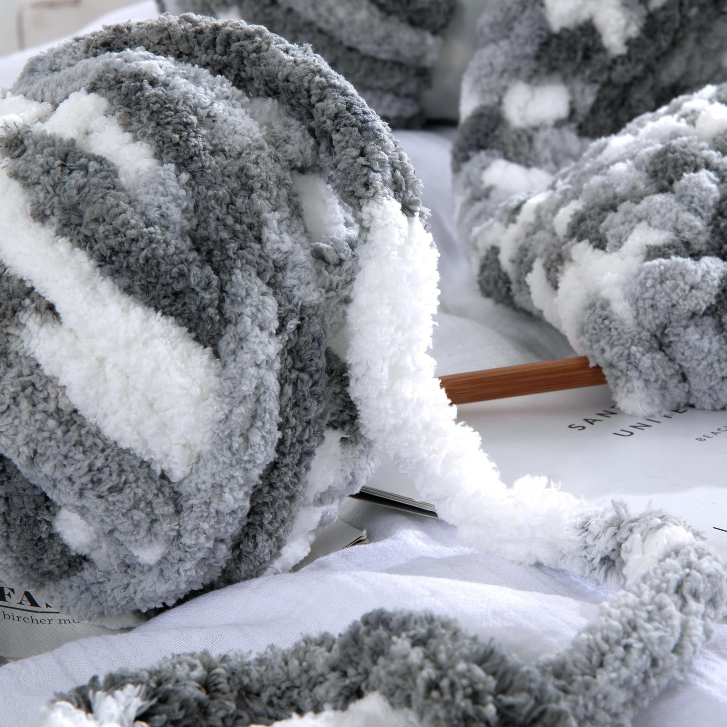 HOMBYS Dark Grey,Grey,White Variegated Chunky Chenille Yarn, 8 Skeins, 26 yd / 7.5 oz Each