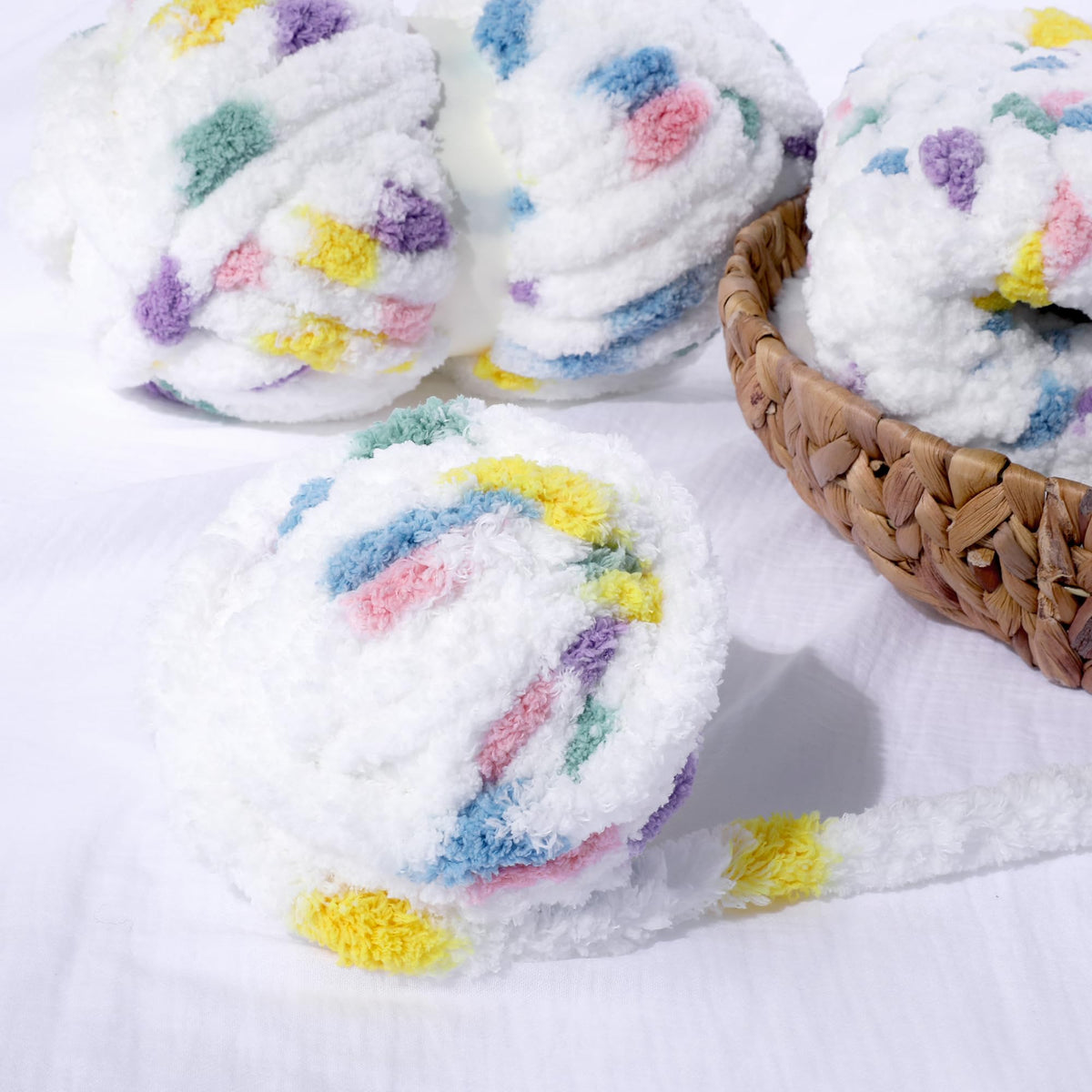 HOMBYS Rainbow,White Variegated Chunky Chenille Yarn, 8 Skeins, 26 yd / 7.5 oz Each