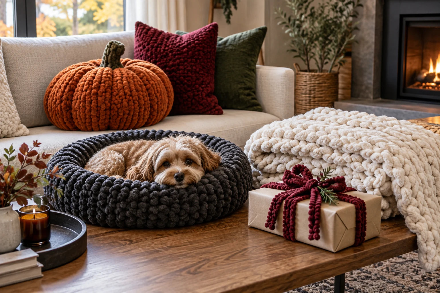 Chunky chenille pumpkin, pet bed, winter blanket and handmade gift
